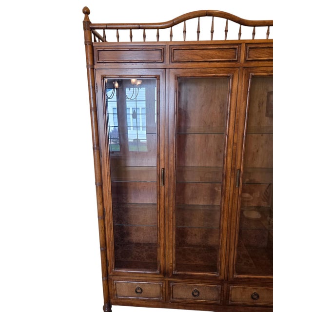 Vintage Thomasville Faux Bamboo and Cane Glass Display Cabinet China Hutch For Sale - Image 12 of 17