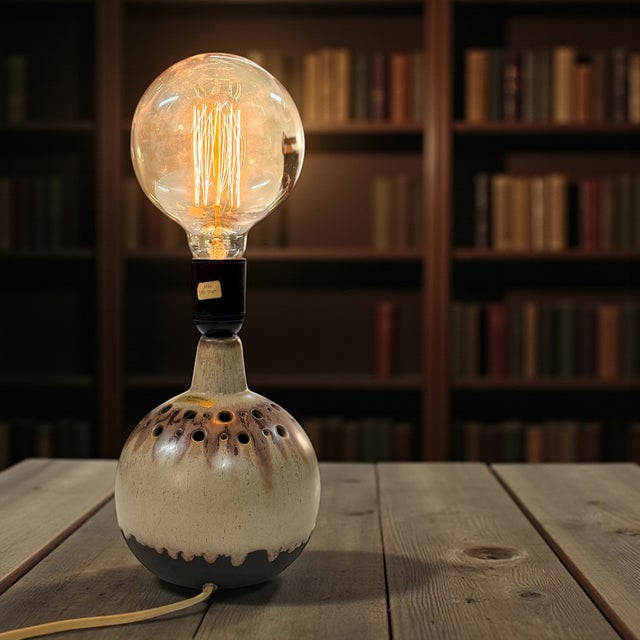 Vintage danish table lamp crafted by p.m. Keramik, a studio known for expressive mid-century ceramics. this handmade piece...