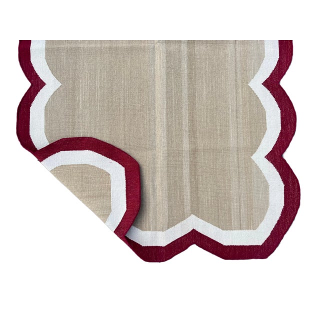 Beige Not Yet Made - Made To Order Handmade Cotton Scalloped Rug Reversible Beige and Ruby Red Dhurrie-3'x5' For Sale - Image 8 of 11
