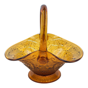 Brockway Indiana Glass Large Tiara Amber Sandwich Handled Basket Signed j.t.