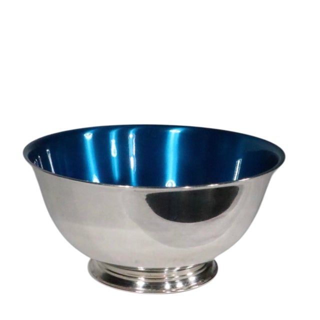 Blue Mid 20th Century Wm Rodgers Paul Revere Silver Plate Enameled Centerpiece Bowl With Blue Interior For Sale - Image 8 of 9