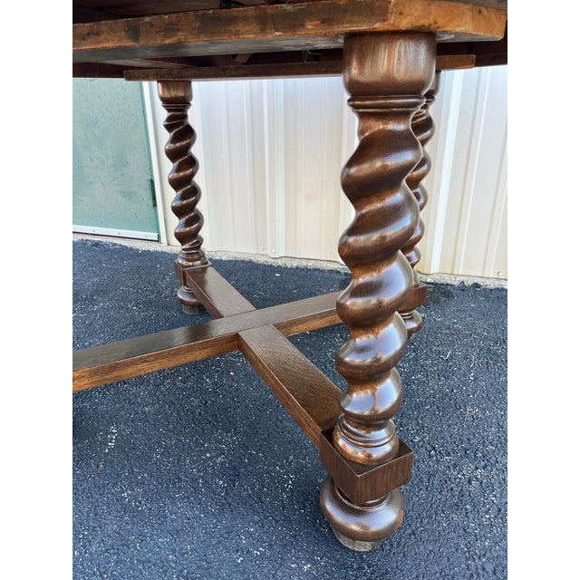 Early 20th Century Antique Victorian Quartersawn Oak Barley Twist Extension Dining Table- Refinished For Sale - Image 5 of 12