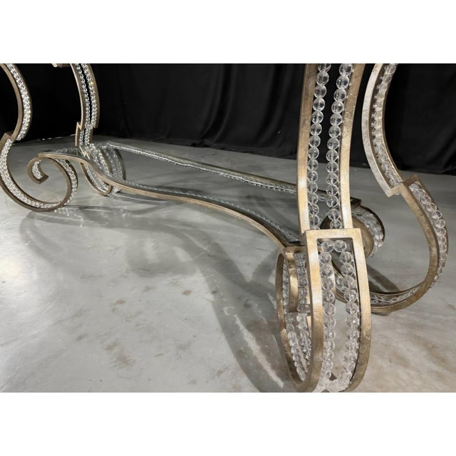 Hollywood Regency Iron Glass Top Console Table With Scrollwork Legs and Crystal Beading For Sale - Image 4 of 10