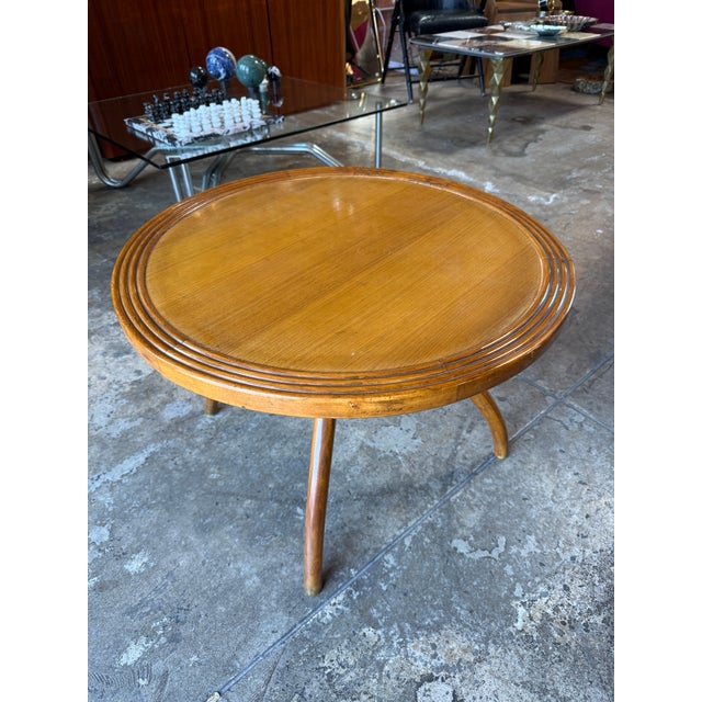 1970s Italian Round Wood Side Table With Curved Four-Leg Base For Sale - Image 5 of 9