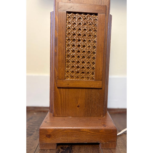 Contemporary Vintage Wood & Cane Table Lamp With Rectangular Shade For Sale - Image 3 of 6