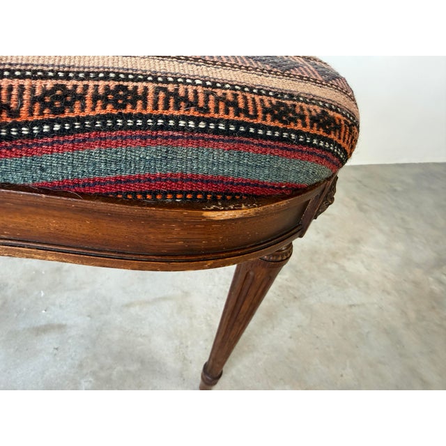 Vintage French Provincial Louis XVI-Style Kidney-Shaped Upholstered Vanity Stool Bench For Sale - Image 10 of 13