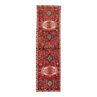 1960s Vintage Persian Heriz Red Handmade Medallion Wool Runner For Sale