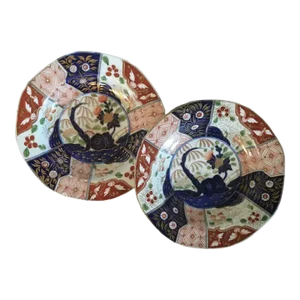 1805 Coalport Porcelain Imari Soup Bowl Plates in Rock & Tree Pattern - A Pair