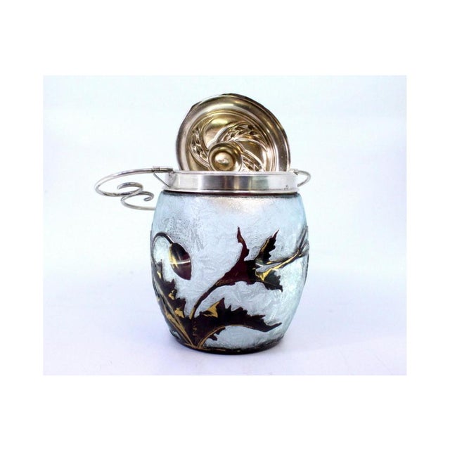 Glass Candy Box with Embossed Engravings, Silver Applications and Lid with Hollow Knob and Hinged Handle For Sale - Image 4 of 8