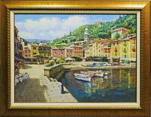 s.sam Park "Harbor at Portfino" Hand Enhanced Giclee on Canvas, Signed, Framed