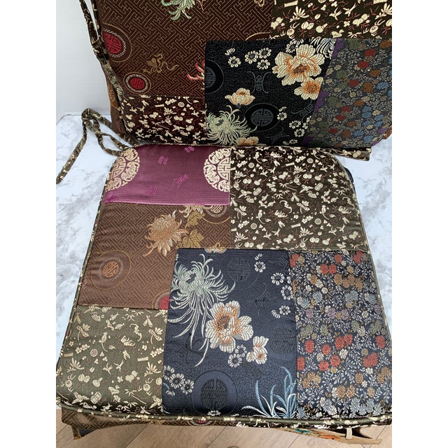 Brown Vintage Asian Chinoiserie Patchwork Chair Pads, Set of Two For Sale - Image 8 of 12