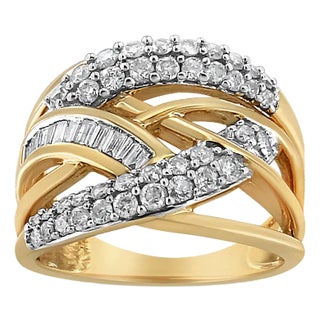 10K Yellow and White Gold 1.0 Cttw Round and Baguette-Cut Diamond Multirow Interwoven Cocktail Ring - Size 7 For Sale