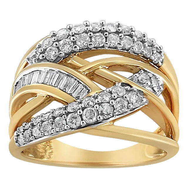 10K Yellow and White Gold 1.0 Cttw Round and Baguette-Cut Diamond Multirow Interwoven Cocktail Ring - Size 7 For Sale