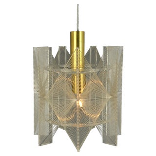 Small Mid-Century Modern Pendant Lamp in Clear Acrylic Glass, Wire and Brass, 1970s For Sale