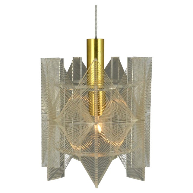 Small Mid-Century Modern Pendant Lamp in Clear Acrylic Glass, Wire and Brass, 1970s For Sale