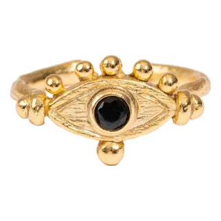 Mystic Black Onyx Evil Eye Gold Adjustable Band Ring, Size 8 For Sale