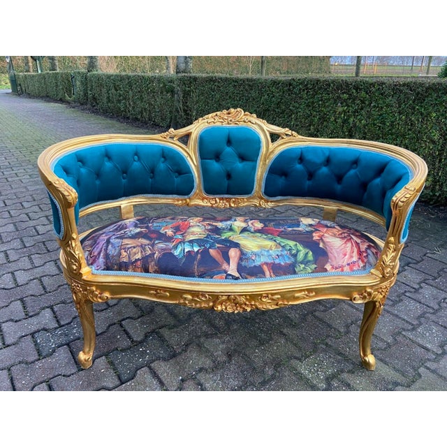 1970s French Louis XVI Blue Velvet Gilt Beechwood Corbeille Settee For Sale - Image 15 of 15