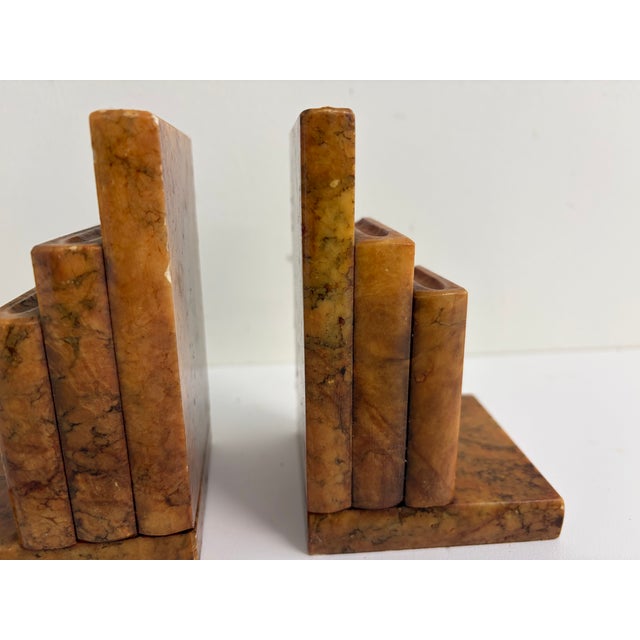 Vintage Italian Alabaster Bookends – Art Deco Style Brown Veined Stone Pair For Sale - Image 11 of 14