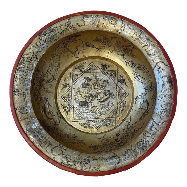 Vintage Large Maitland-Smith Style Republic of China Asian Motif Wooden Bowl For Sale