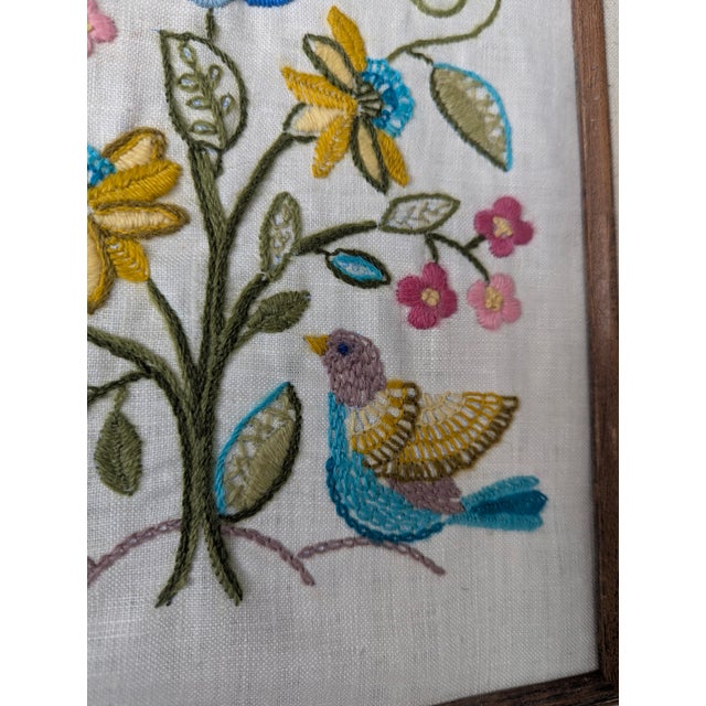 Textile Vintage Crewel Bird Floral Textile Art Framed For Sale - Image 7 of 9