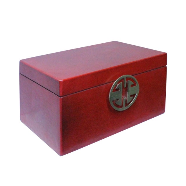 Chinoiserie Oriental Round Hardware Red Rectangular Container Box Small For Sale - Image 3 of 5