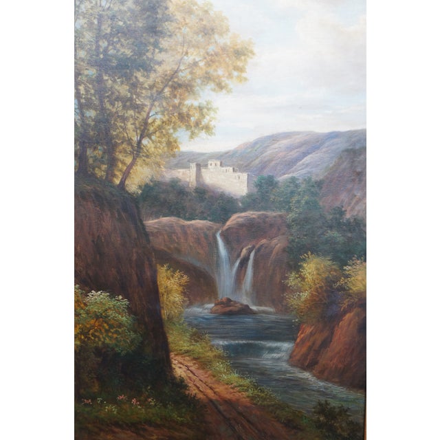 Vintage European Castle River Waterfall Landscape Oil Painting on Canvas 57" For Sale - Image 4 of 12