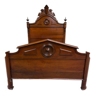 Antique Full Size Victorian Carved Walnut Bed For Sale