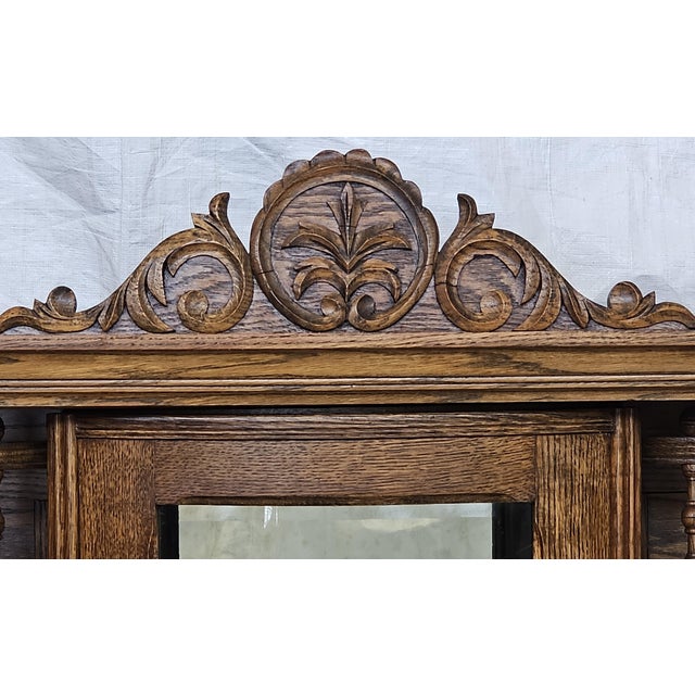 Antique 1890s Tiger Oak Over Mantel With Bowed Glass Cabinet & Beveled Mirrors For Sale - Image 4 of 17