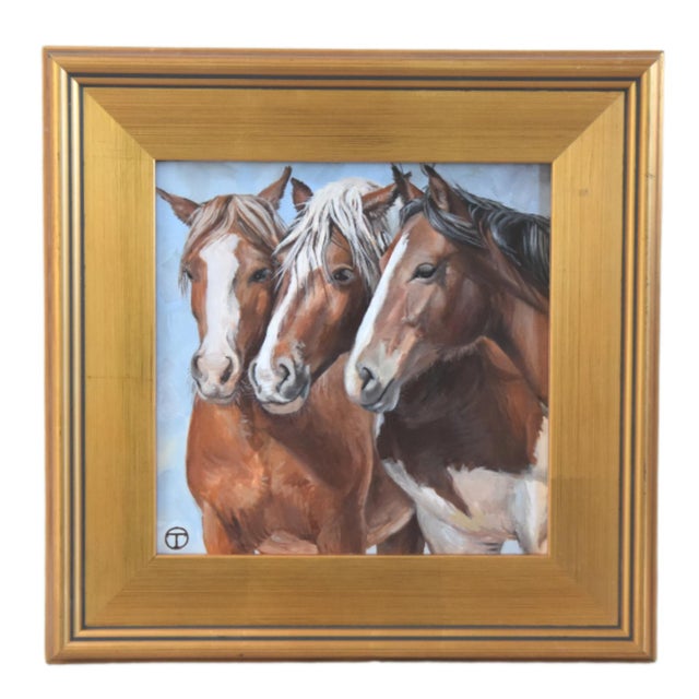 2020s Three Horses Portrait Painting Including the Antiqued Gold Wood Frame For Sale - Image 5 of 5