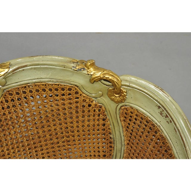 Wood Vintage French Louis XV Style Green Painted Gold Gilt Cane Bergere Arm Chair For Sale - Image 7 of 17