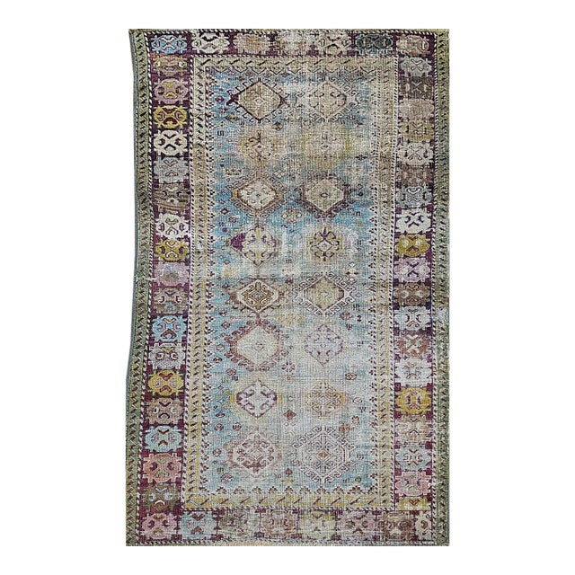 Antique Caucasian Karabagh Rug, Geometric Design, Handwoven Wool, Turquoise & Red, 5' x 9' For Sale