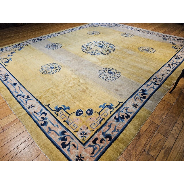 Antique Chinese Peking Rug, Handwoven Ningxia Medallion Pattern, Pale Yellow, 13' X 16' For Sale In Chicago - Image 6 of 15
