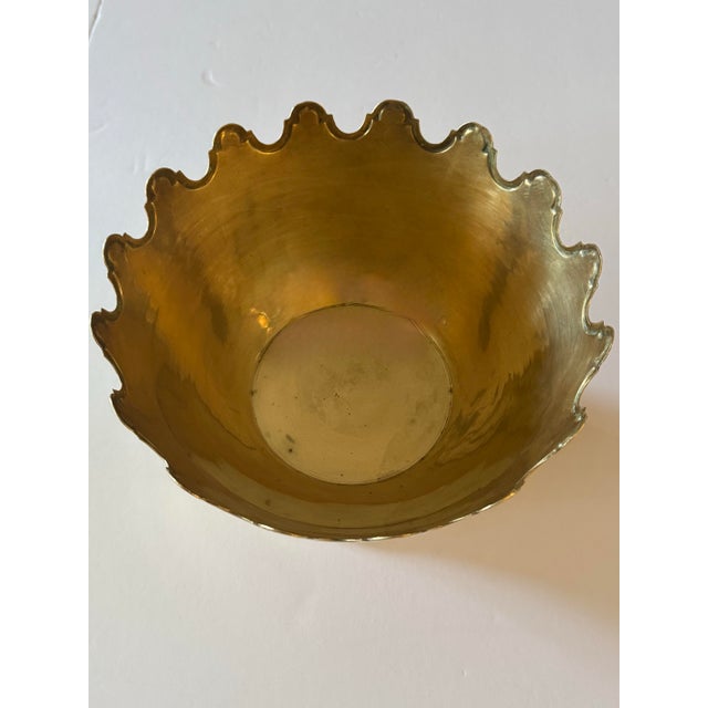 Mid 20th Century Solid Brass Pedestal Bowl With Scalloped Crown Rim For Sale - Image 4 of 10