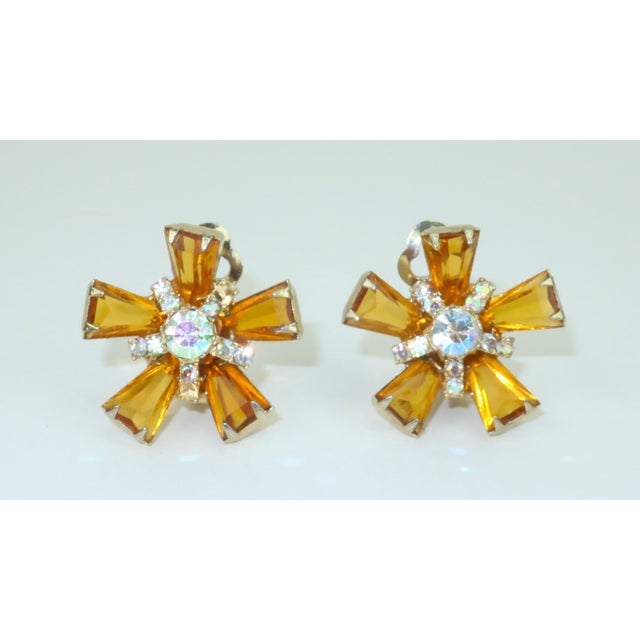 1960's Amber Crystal & Rhinestone Starburst Earrings For Sale In Atlanta - Image 6 of 12