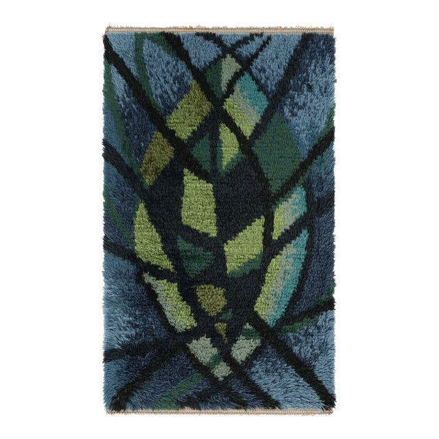 Vintage Swedish Rya Rug, Blue With Scandinavian Geometric Patterns - Rug & Kilim For Sale