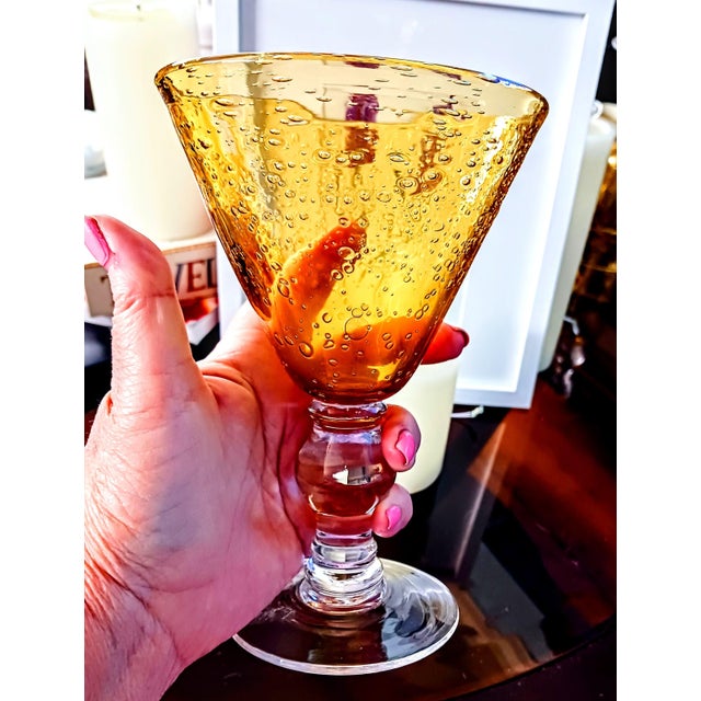 Glass 1960s Artland Vintage Hand Blown Amber Bubble Glass Goblets Set For Sale - Image 7 of 15
