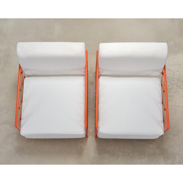 Mid 20th Century Pair of French Maison Jean Orange Iron Lattice Lounge Chairs For Sale - Image 5 of 18