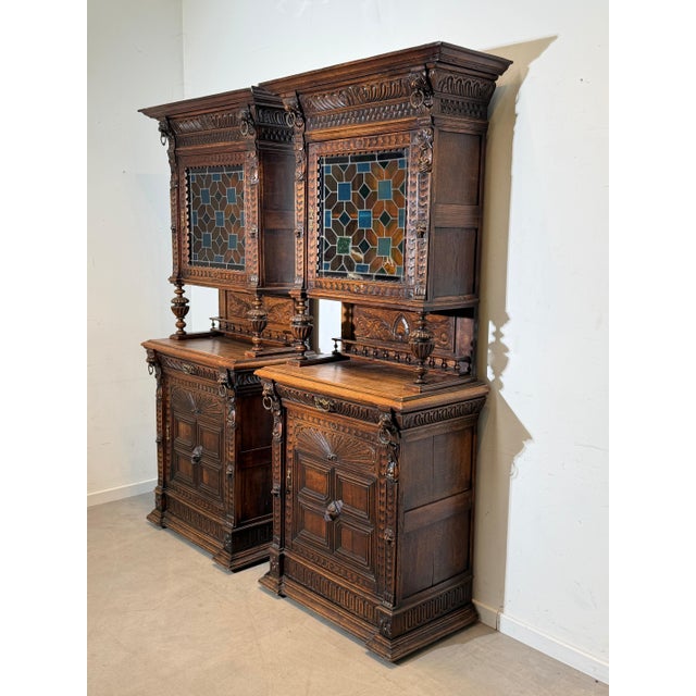 Antique Neo-Renaissance Oak Display Cabinets with Stained Glass, Set of 2 For Sale - Image 5 of 8