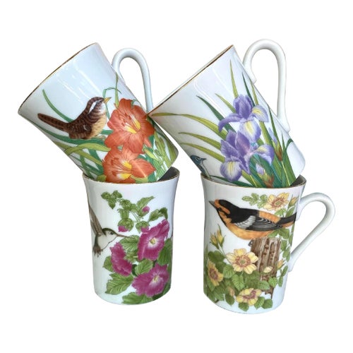 Otagiri Japan Floral Birds Mug Set of 4, Gold Rim, Gibson