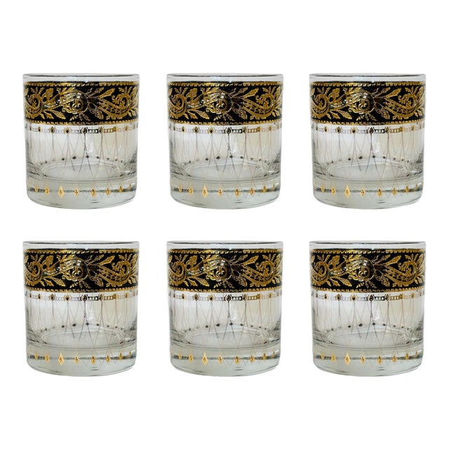 1960s Culver Leaf Pattern 22k Gold and Black Lowball Glasses – Set of 6 For Sale