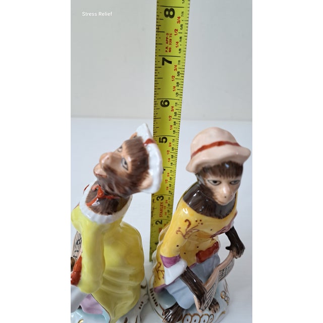 1980s Chelsea House Porcelain Monkey Band Singer Figurines, Pair, Meissen Style Rococo Musicians For Sale - Image 14 of 14