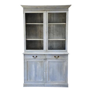 1920s Antique French Painted Blue Wood Cupboard Hutch Cabinet, Glass Doors For Sale