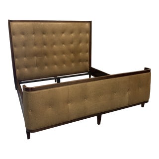 Swaim King Leather Upholstered Bed With Satin Walnut Trim For Sale