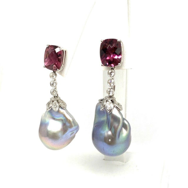2010s Diamond Rubellite Tourmaline Pearl Earrings 18k Gold 6.25 TCW Certified For Sale - Image 5 of 10