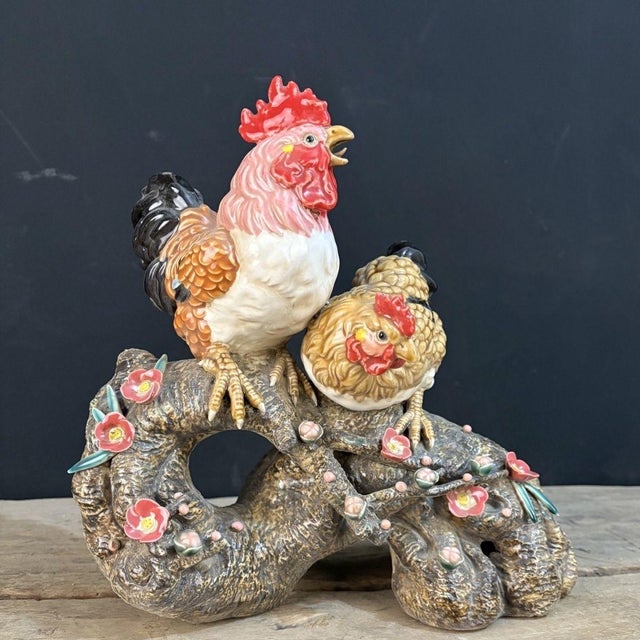 1950s Vintage Shiwan Pottery Rooster & Hen on Plum Branch - 12.5" Tall For Sale - Image 5 of 9