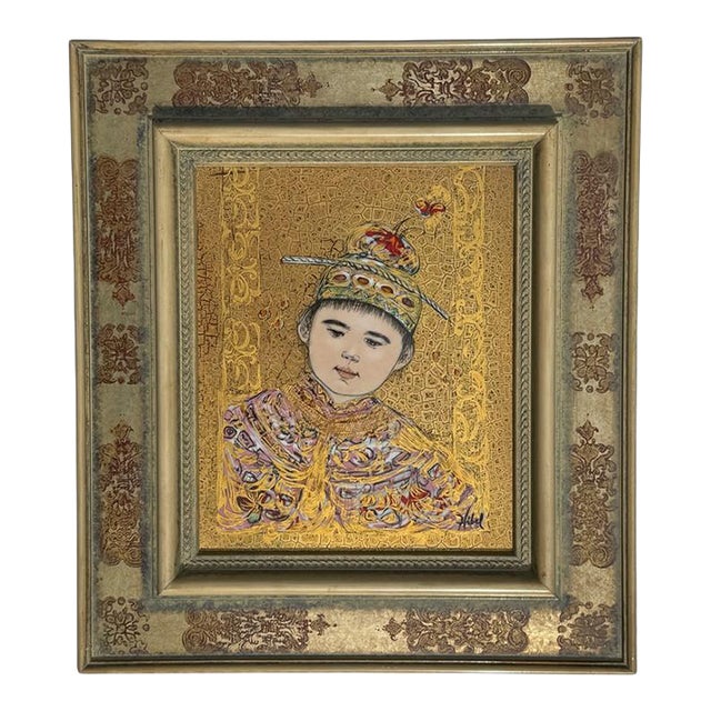 Edna Hibel "Young Manchu" Signed Mixed Media Artwork. Paint Embellished Lithograph on Porcelain Plaque. Custom Frame For Sale