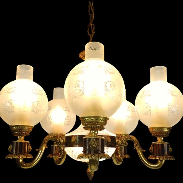 Hollywood Regency Vintage Empire Victorian French 5-Arm Brass Lion Head Chandelier with Etched Globes and Crystal Glass, 1950s For Sale - Image 3 of 17