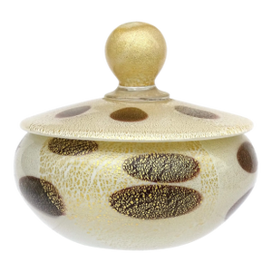 Murano Barbini Vintage Gold Flecks White Black Spots Italian Art Glass Vanity Jewelry Powder Box