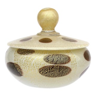Vintage Murano Barbini Gold Flecks White Black Spots Italian Art Glass Vanity Jewelry Powder Box For Sale