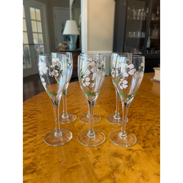 Transparent Vintage Art Nouveau Perrier Jouet Hand Painted Floral Champagne Flutes - Design by Emile Galle - Set of 6 For Sale - Image 8 of 13